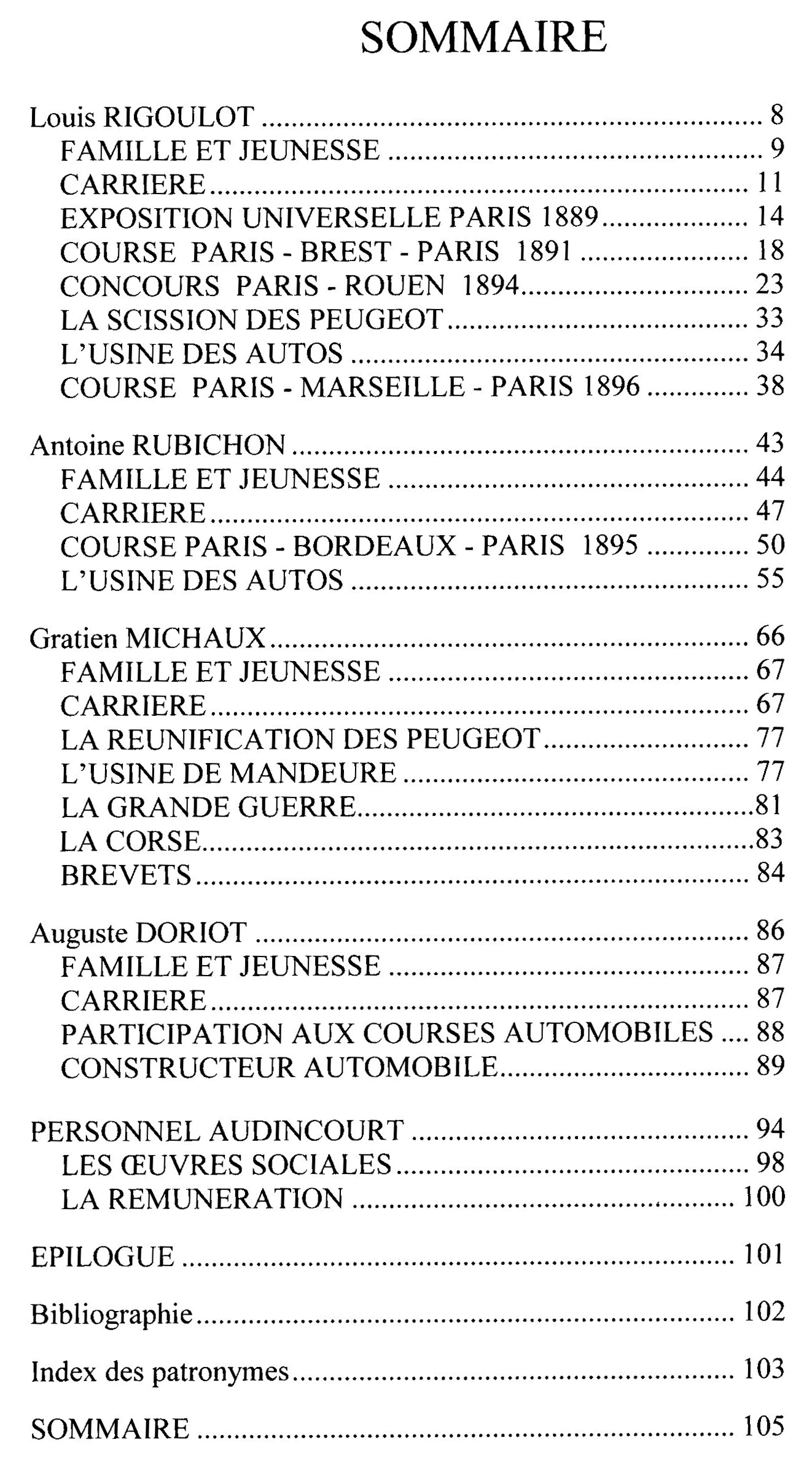 sommaire livre Eclosion Peugeot